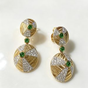 18k金天然鑽石綠寶石拉絲耳環